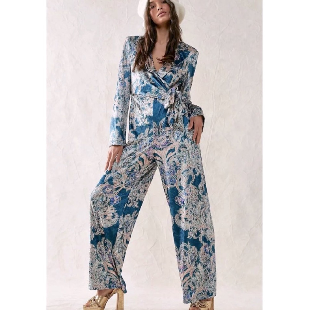 New Free People Blue Delphine Velvet Jumpsuit